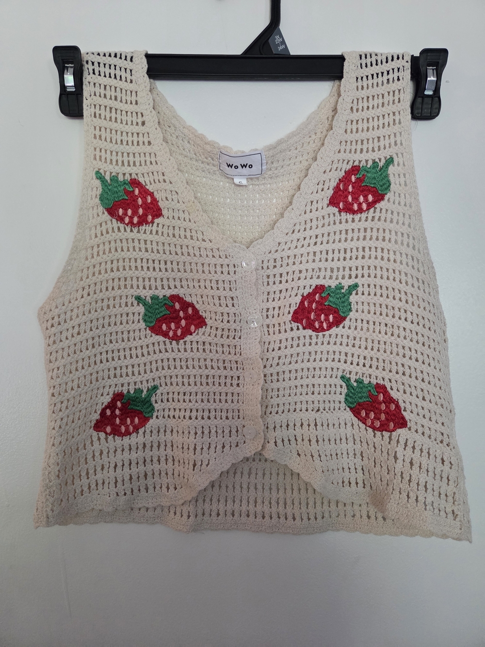 WoWo Cream Crochet Strawberry Cropped Vest